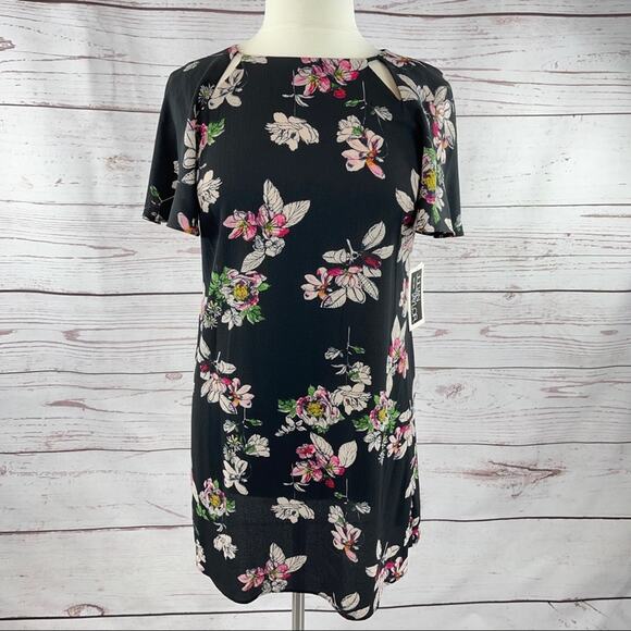 Julian Taylor black crepe floral shift dress flounced sleeves - Picture 1 of 11